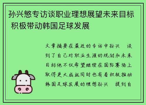 孙兴慜专访谈职业理想展望未来目标 积极带动韩国足球发展